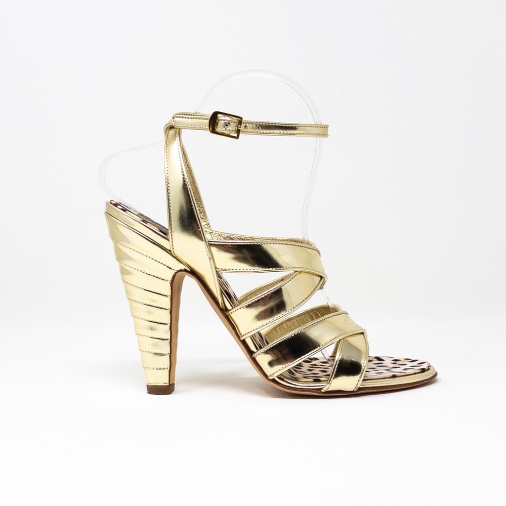Roberto Cavalli Vintage Y2K Gold Patent Leather Strappy Cone Heel Sandals EU 39